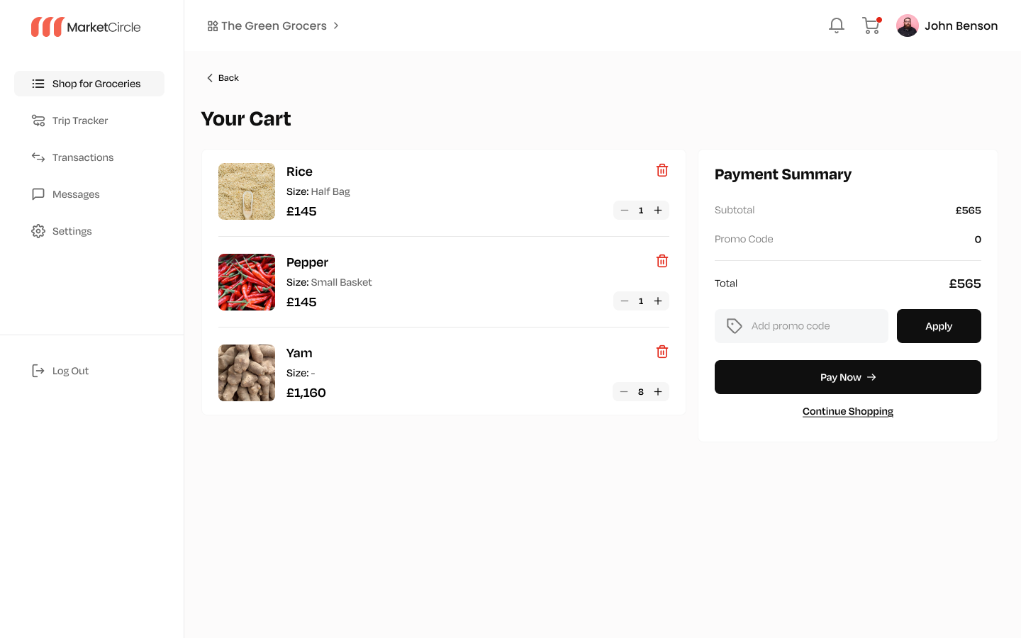 Member cart screen